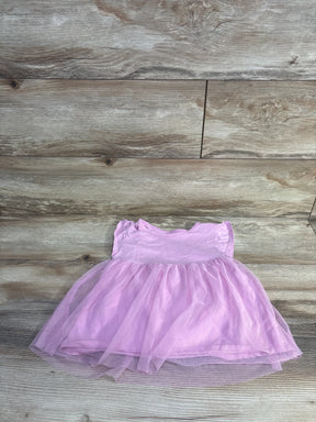Flat lay of Carter's pink tulle dress, size 5T, showcasing layered tulle skirt and ruffled cap sleeves on wood background