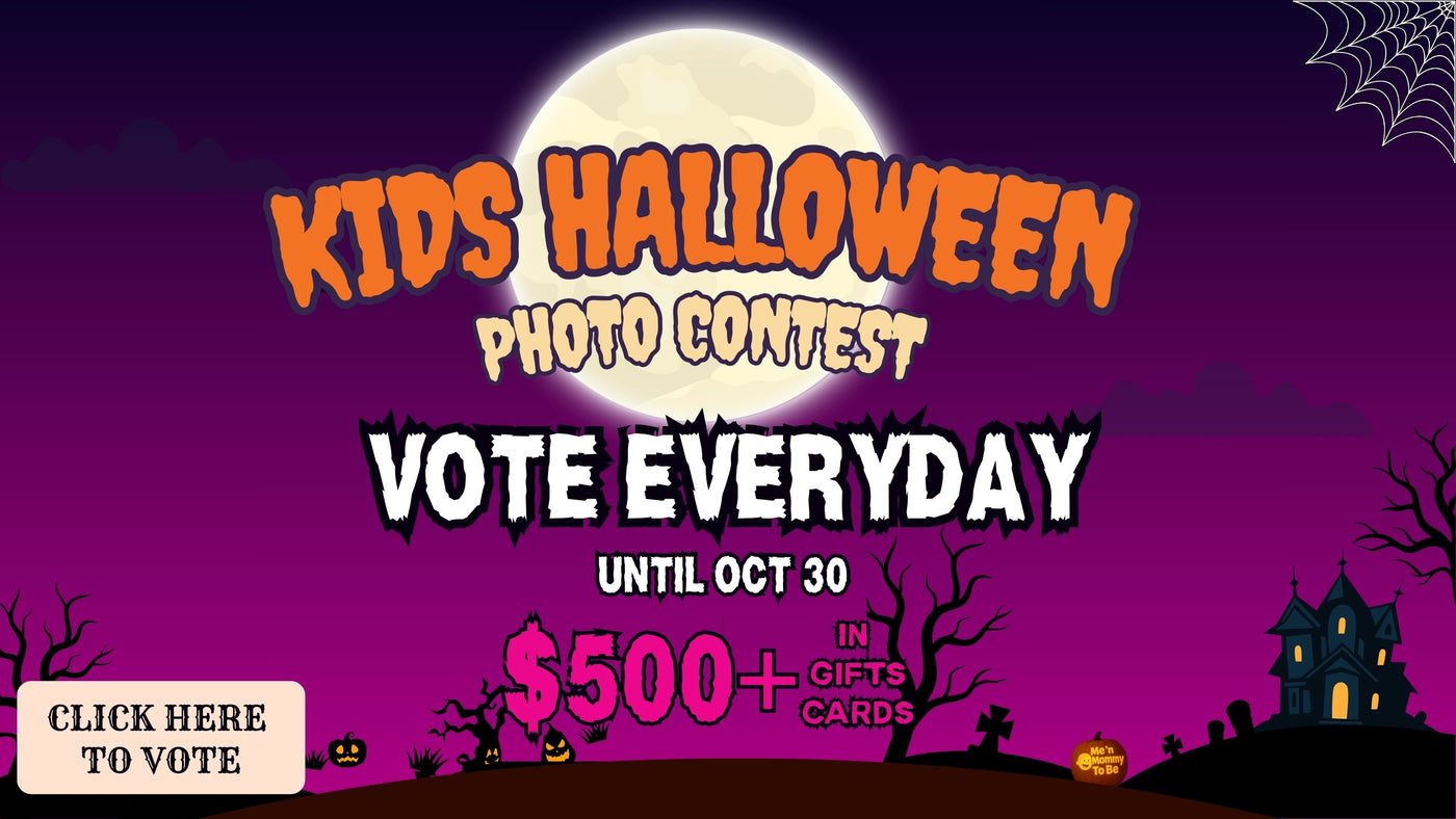 Promotional graphic for a Kids Halloween Photo Contest with a purple background, full moon, and Halloween-themed elements.