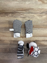 Top-down view of Infinno high-contrast baby wrist rattles and foot finders with black-and-white striped mittens on wood