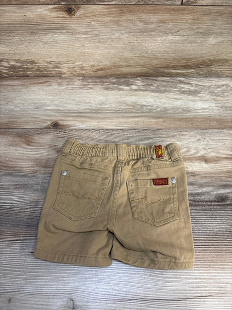 Kids tan khaki shorts with back pockets on wood background, gently used condition