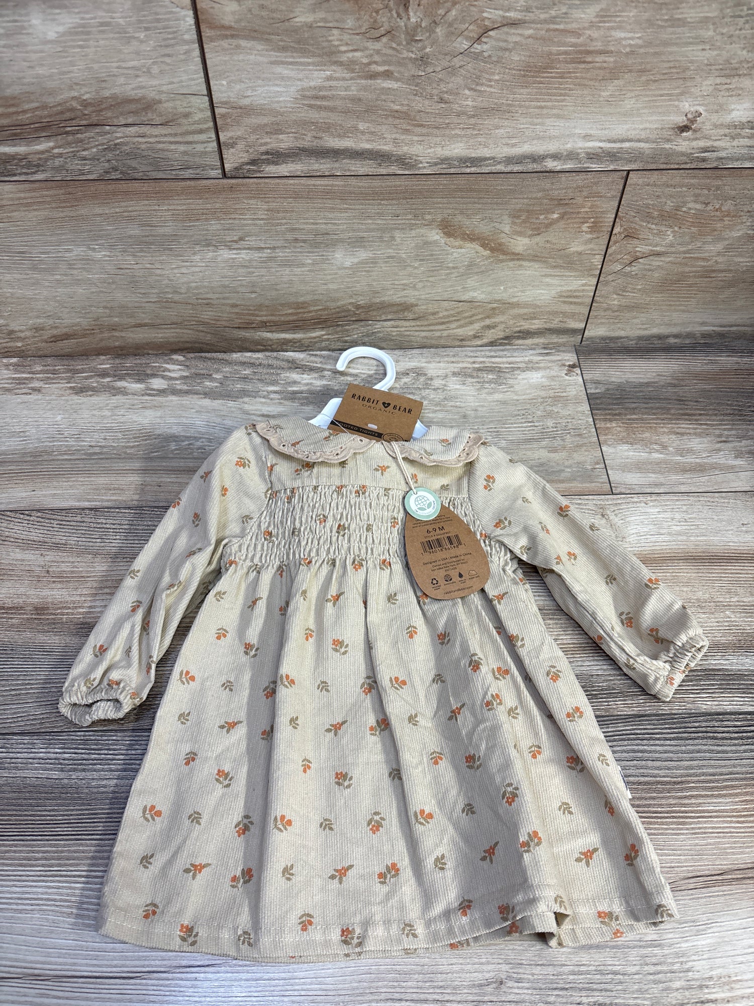 NEW Rabbit + Bear Organic 2pc Smocked Dress & Footed Tights Beige sz 6-9m