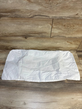 White cotton changing pad cover on wood floor, gently used baby gear