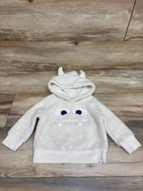 Front view of Baby Gap white sherpa monster 3D hoodie, size 12 to 18 months, with horned hood and zipper mouth