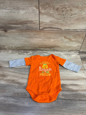 Front view of orange Halloween bodysuit with gray patterned sleeves and Cutest Pumpkin in the Patch graphic