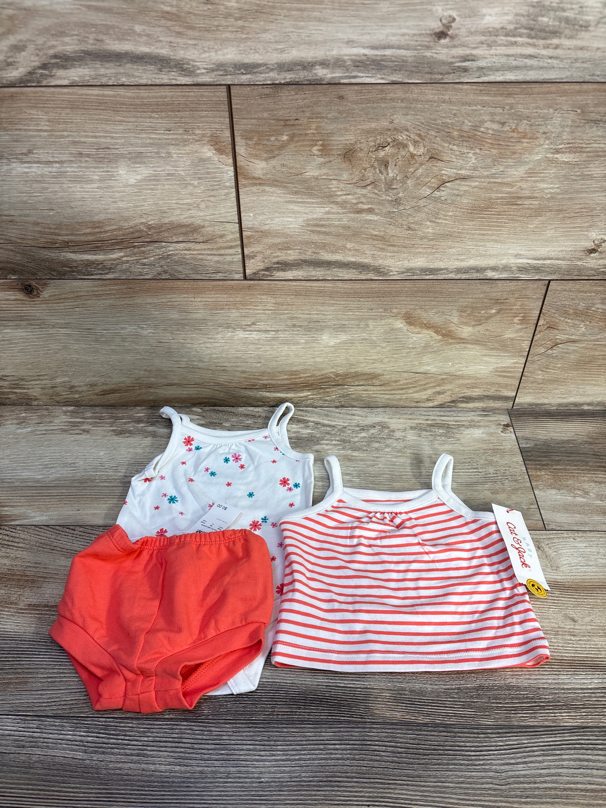 NEW Cat & Jack 3pc Stripped/Floral Top, Bodysuit & Short Set Coral sz 0-3m