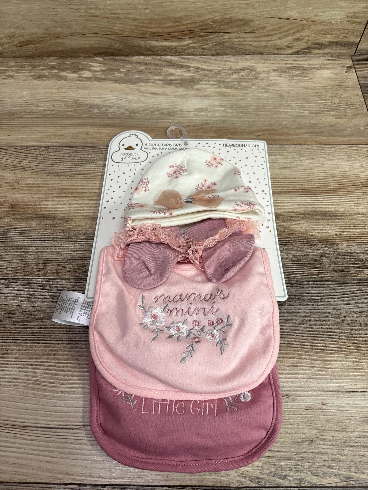NEW Duck Duck Goose 4pc Bib, Socks, Hat, & Burp Cloth Gift Set Pink sz 0-6m