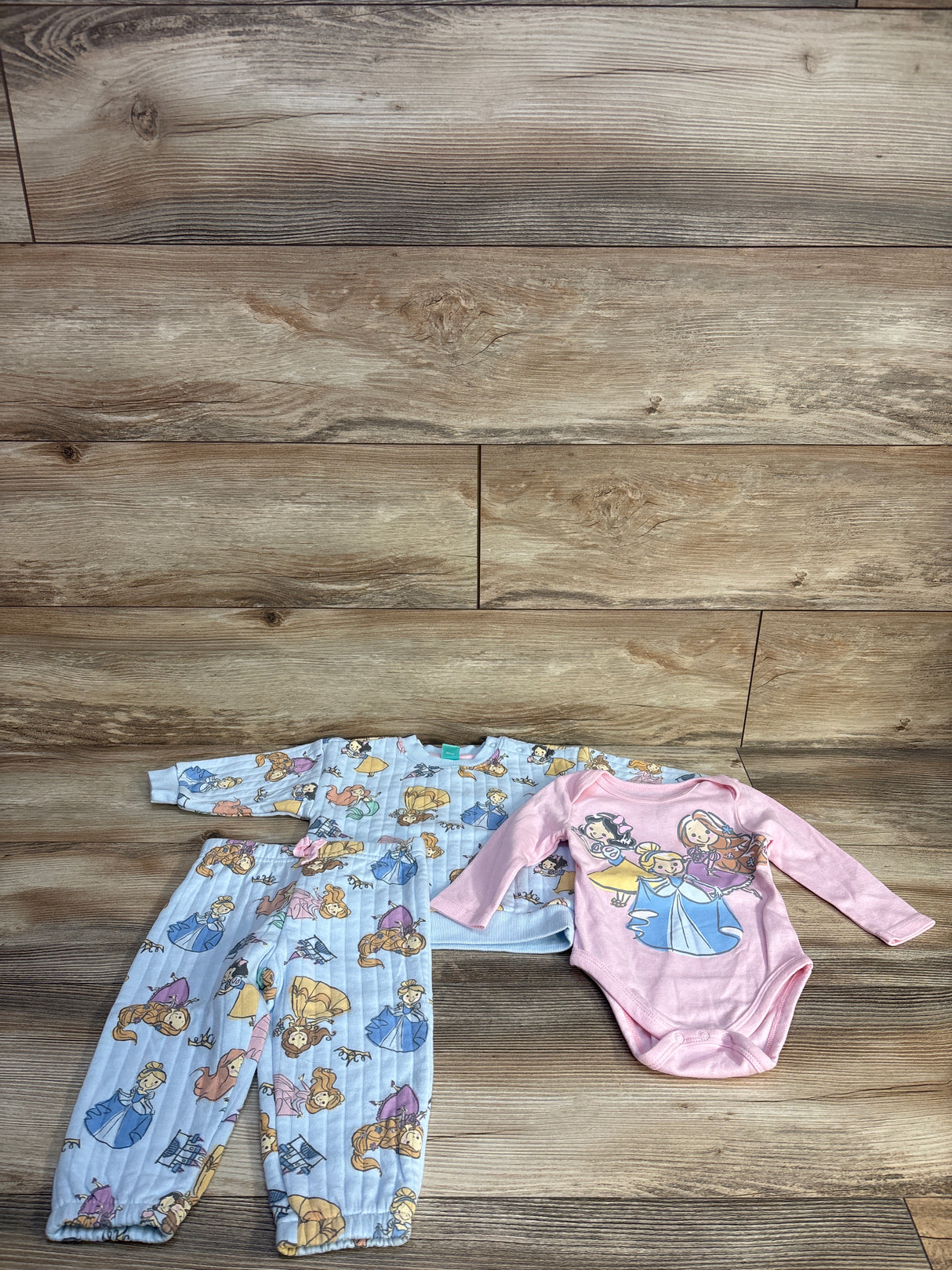 Disney Baby 3pc Princess Sweater, Bodysuit & Pants Set Blue sz 12m