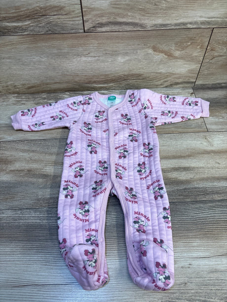Pink Minnie Mouse baby sleeper on wood floor, long sleeves, footed, cartoon pattern