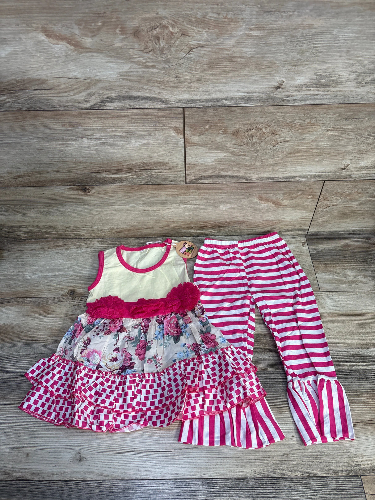NEW Cutie Baby Boutique 2pc Floral Dress & Striped Pants Set Cream sz 2/3T