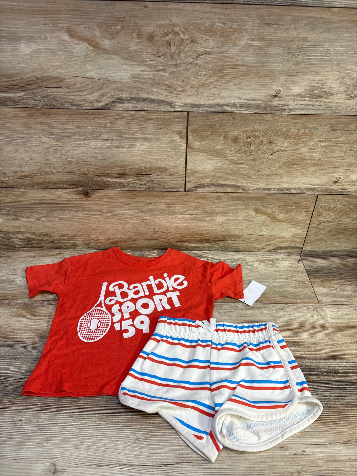 NEW Barbie Sporty Retro T-Shirt & Striped Shorts Set Red sz 5T