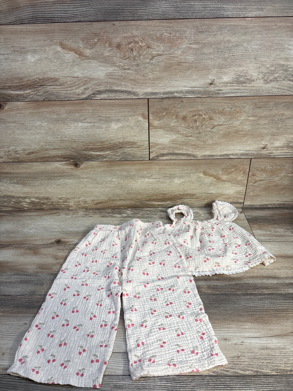 Rabbit + Bear Organic 2pc Cherry Print Gauze Tank Top & Pants Set Beige sz 3T