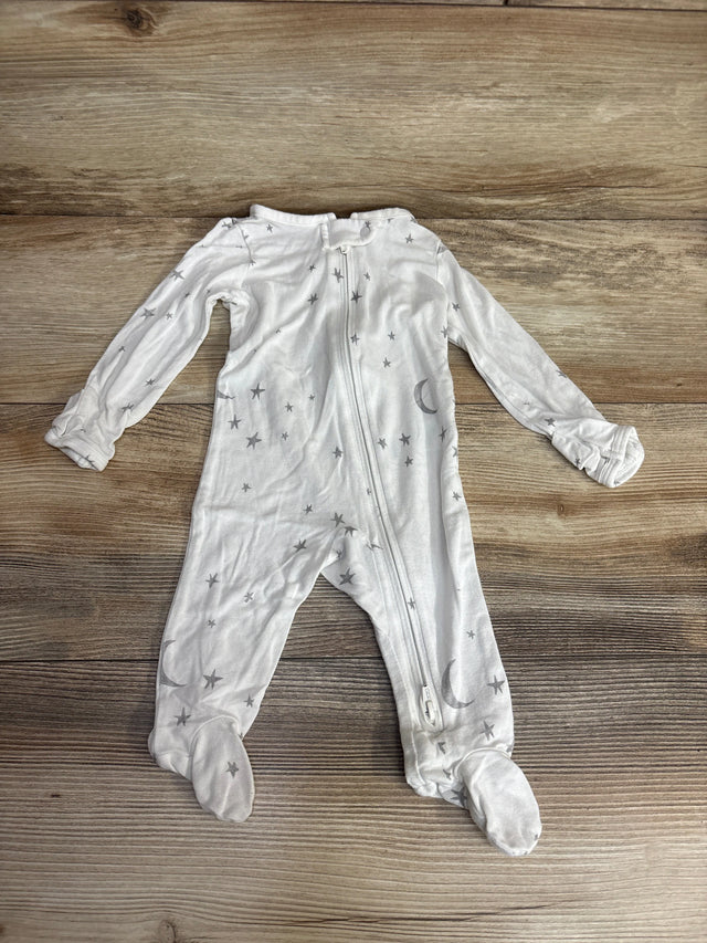 White baby footed sleeper with gray moon and star print, zipper closure, on wood background