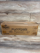 Regalo my cot pals portable kids cot in box on wooden floor, raccoon design, blue color.
