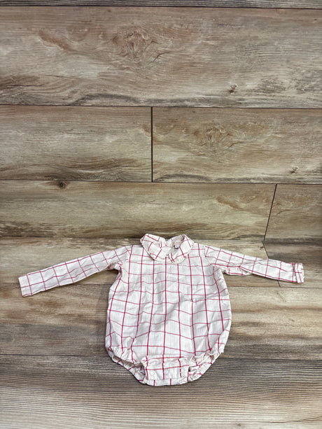 The Beaufort Bonnet Company beige long sleeve collared bubble romper with red windowpane plaid