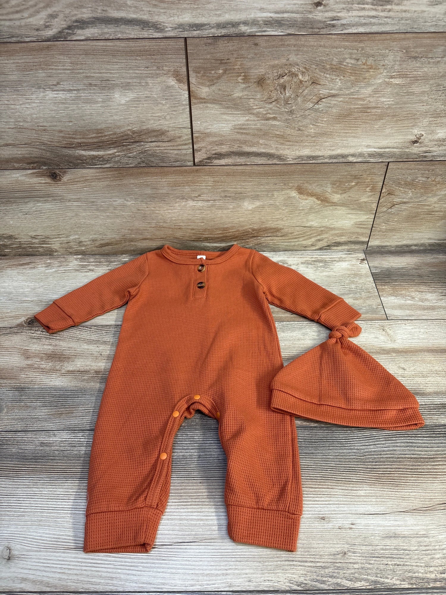 2pc Waffle Knit Henley Coverall & hat Set Orange sz 6-12m