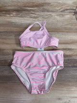 Flat lay of Carter's 2-piece pink and white striped swimsuit showing high-waist bottoms and halter-style top on wood background