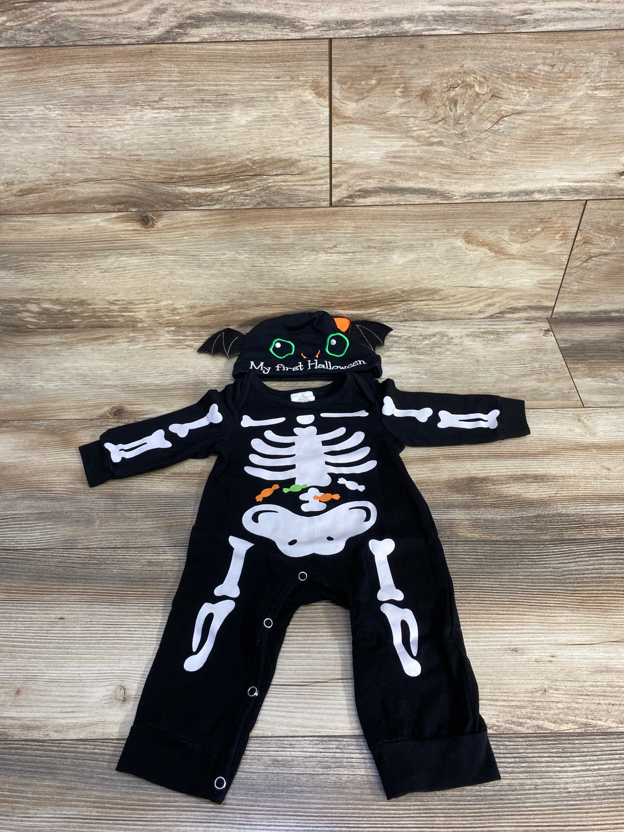 Skeleton Coverall & Bat Hat Set Black sz 3-6m