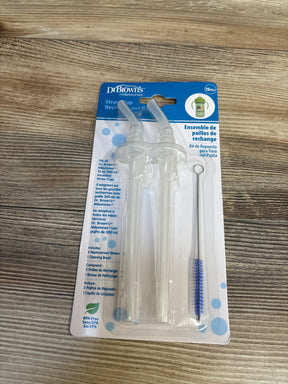 Front view of NEW Dr. Brown's Straw Cup Replacement set in original packaging showcasing two clear straws and blue cleaning brush on wood plank floor