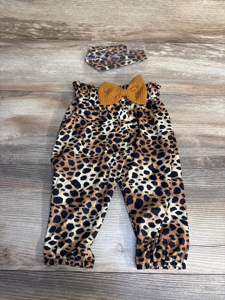 NEW 2pc Leopard Print Pants & Headwrap Brown sz 6-9m - Me n Mommy To Be