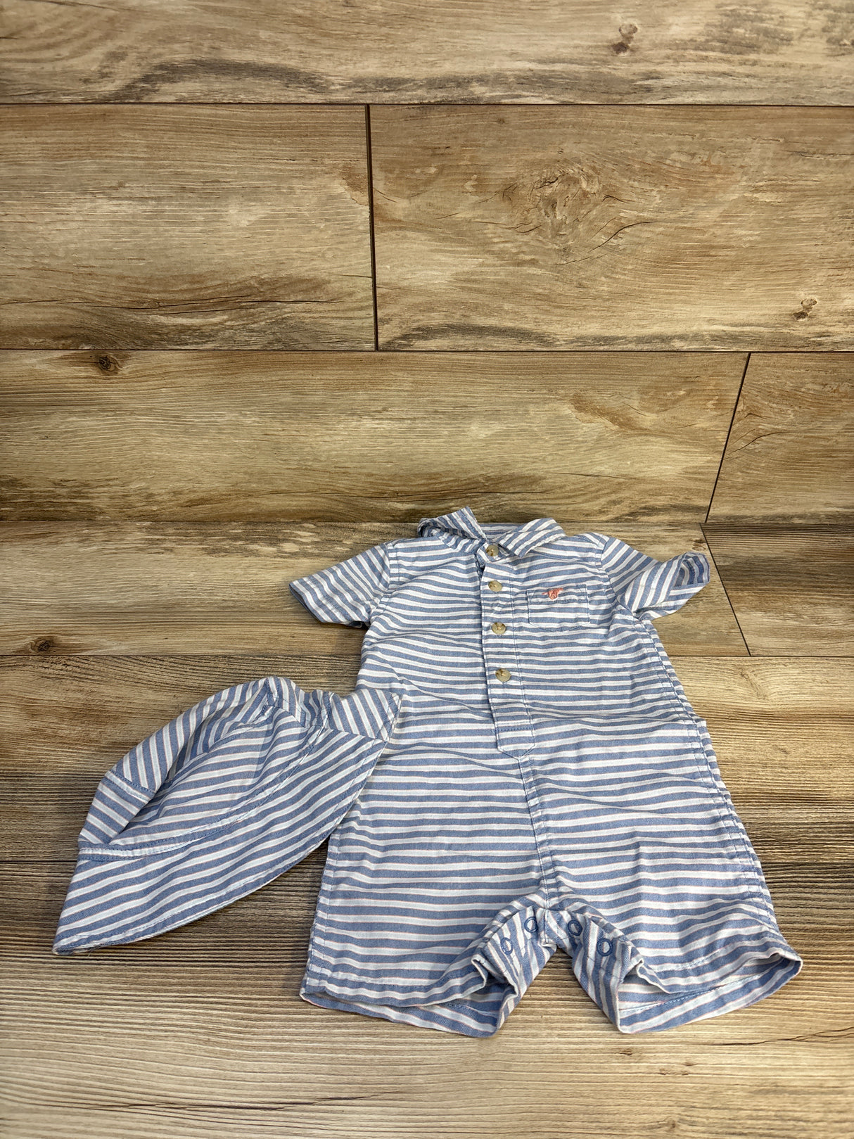 Wrangler Striped Romper & Hat 2pc Set Blue sz 9m