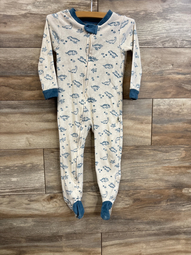 Front of beige Wonderluxe footed sleeper with blue dinosaur print, zip front, blue trim and gripper soles