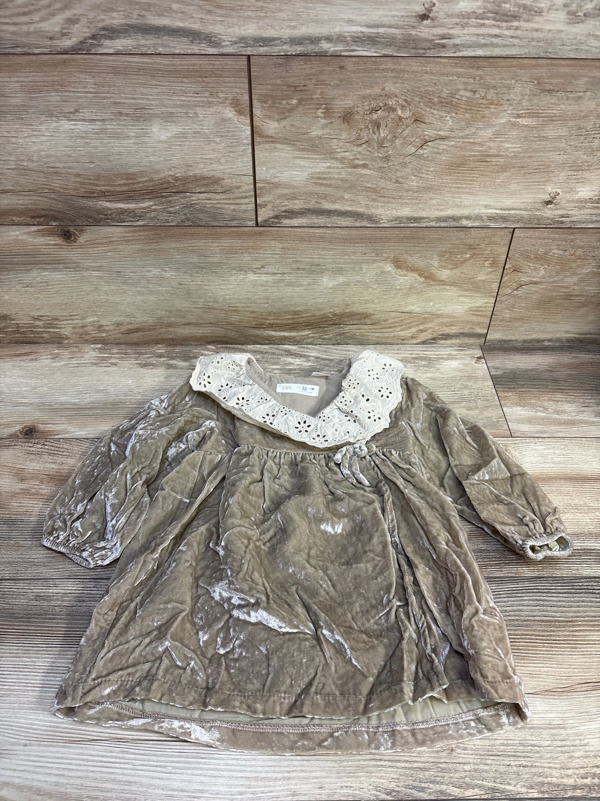 Zara Crushed Velvet Long Sleeve Dress Tan sz 2-3T