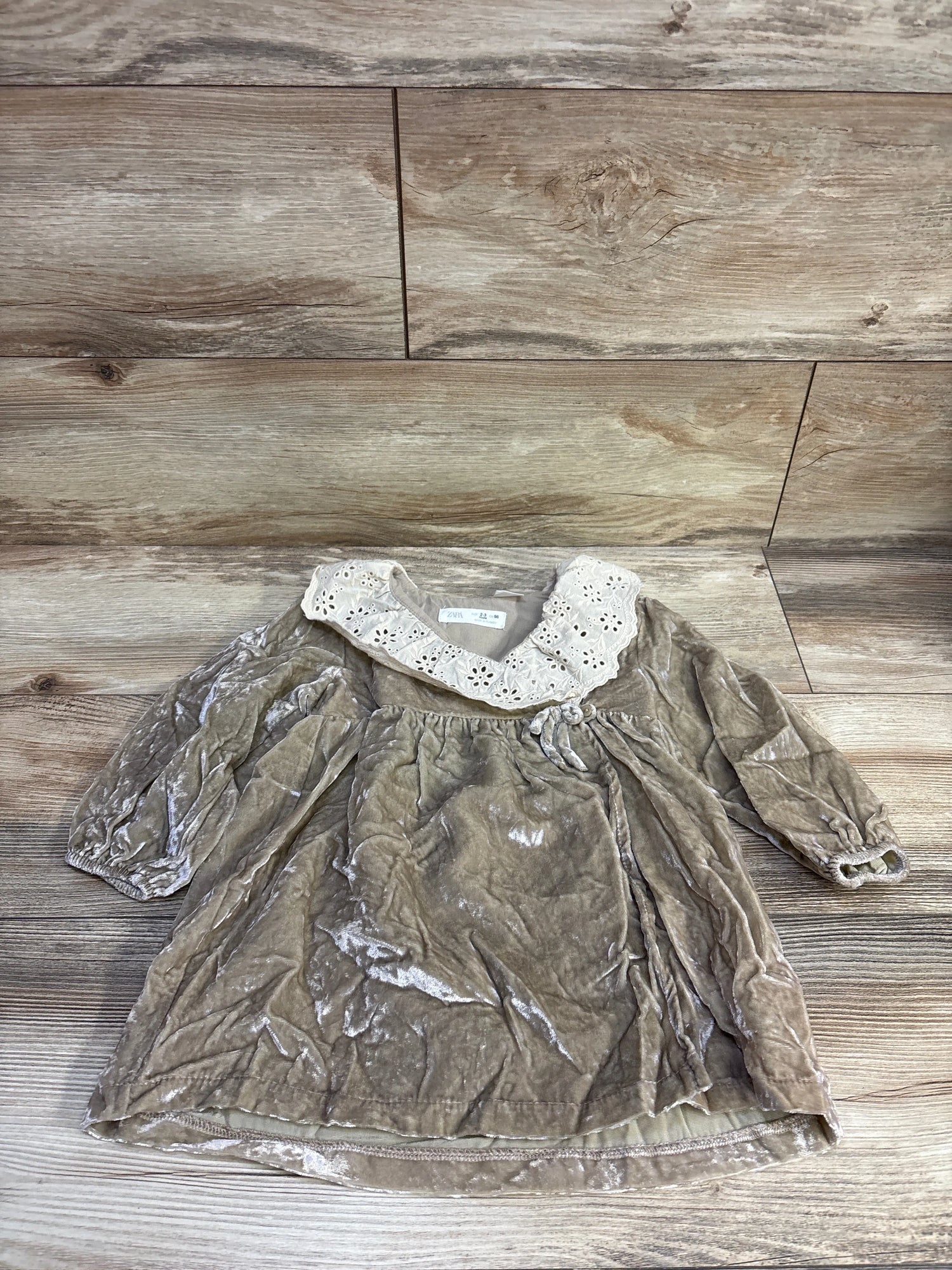 Zara Crushed Velvet Long Sleeve Dress Tan sz 2-3T