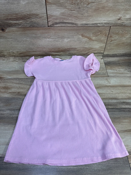 Front view of Old Navy pink ribbed dress in size 5T showcasing ruffled sleeves and gathered waist on a wood floor