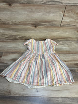 Pastel striped short sleeve toddler dress on wooden floor, gently used kids clothing