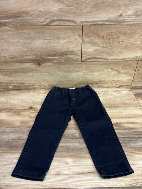 Easy Peasy dark wash navy blue jeans for toddlers size 3T on a wooden background