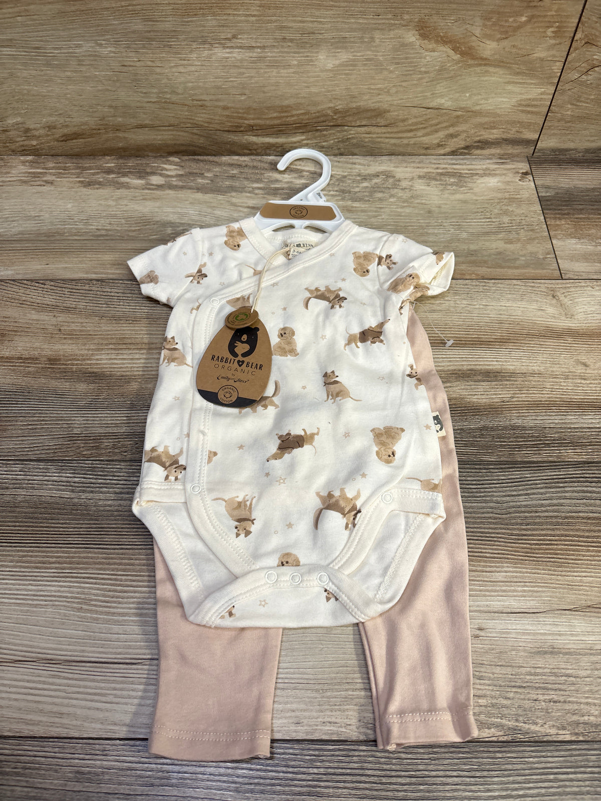 NEW Rabbit + Bear Organic 2pc Dog Print Kimono Bodysuit Set Ivory sz 3-6m