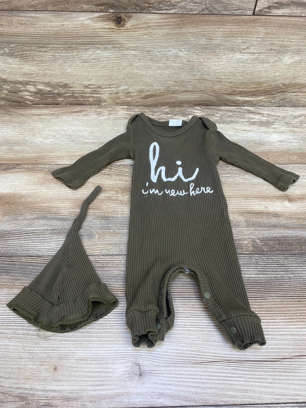 Hi Im New Here 2pc Ribbed Coverall & Hat Set Green sz 0-3m