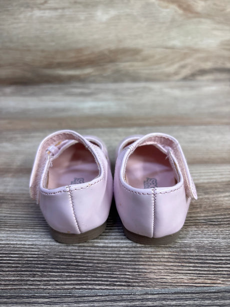 Three-quarter view of Teeny Toes patent pink Mary Jane toddler flats showing heart cutout and single strap on white background