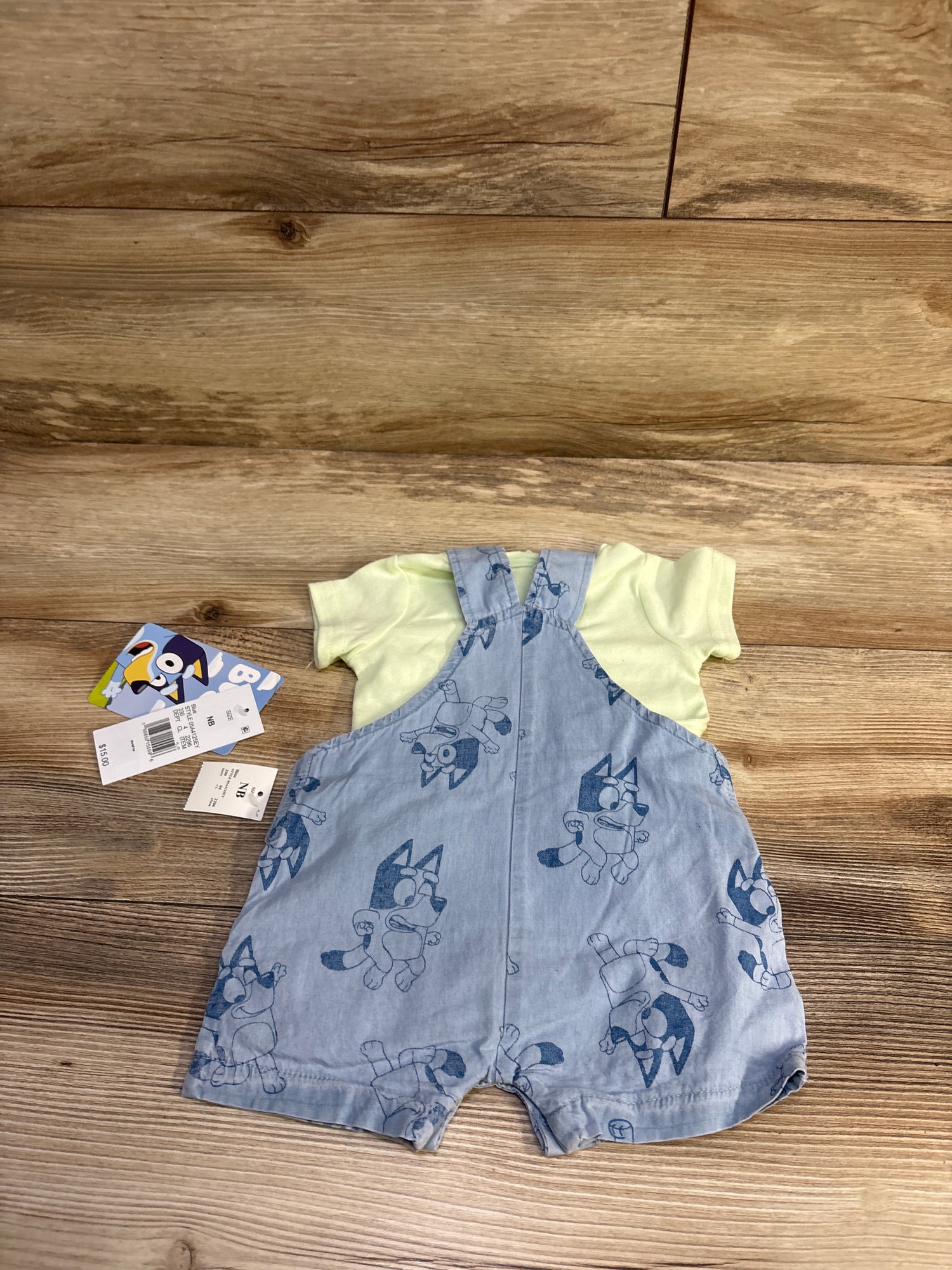 NEW Bluey 2pc Shirt & Chambray Shortalls Set Green sz Newborn