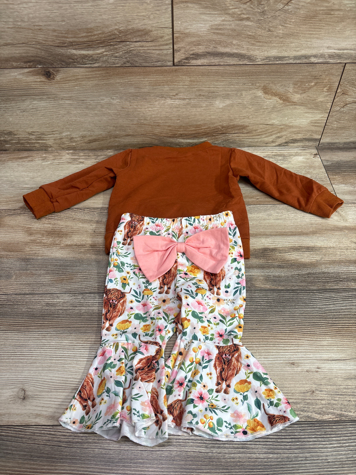 BULINGNA 2pc Highland Cow Sweatshirt & Flare Pants Set Brown sz 12-18m