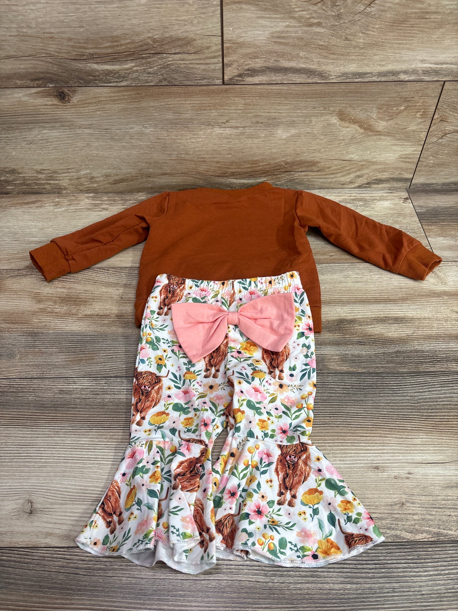 BULINGNA 2pc Highland Cow Sweatshirt & Flare Pants Set Brown sz 12-18m