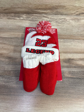 Red and white baby winter hat and mittens set with '23 Legend' text, knit accessories