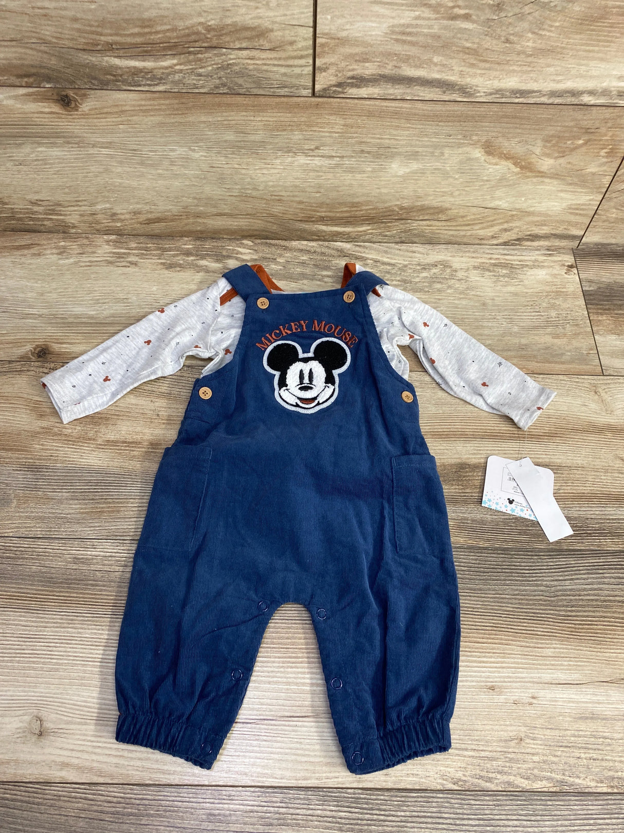 NEW Disney Baby 2pc Mickey Mouse Cord Overalls & Shirt Set Grey sz 3-6m