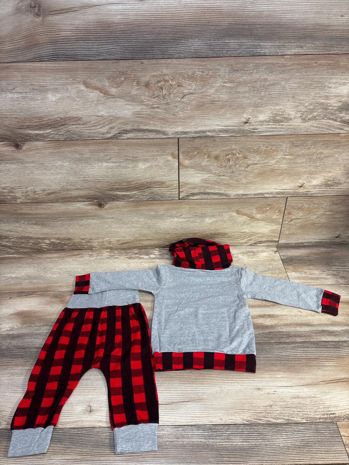 2pc Buffalo Plaid Hooded Shirt & Jogger Set Grey sz 12-18m