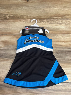 Carolina Panthers kids 2-piece cheerleader dress set in black and blue with team logo on wooden background