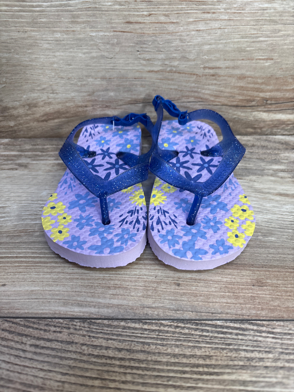 Girl's Floral Flip Flops Blue Glitter sz 7-8c