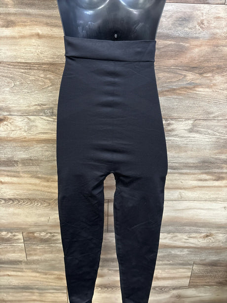 Front view of black Blanqi Everyday Maternity Belly Support Leggings in size Large with wide support waistband on wood floor