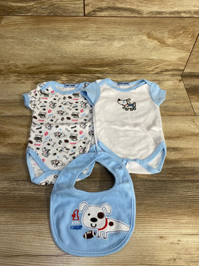Top view of two baby bodysuits with blue trim and a blue bib on wood; one has puppy print, the other an embroidered dog