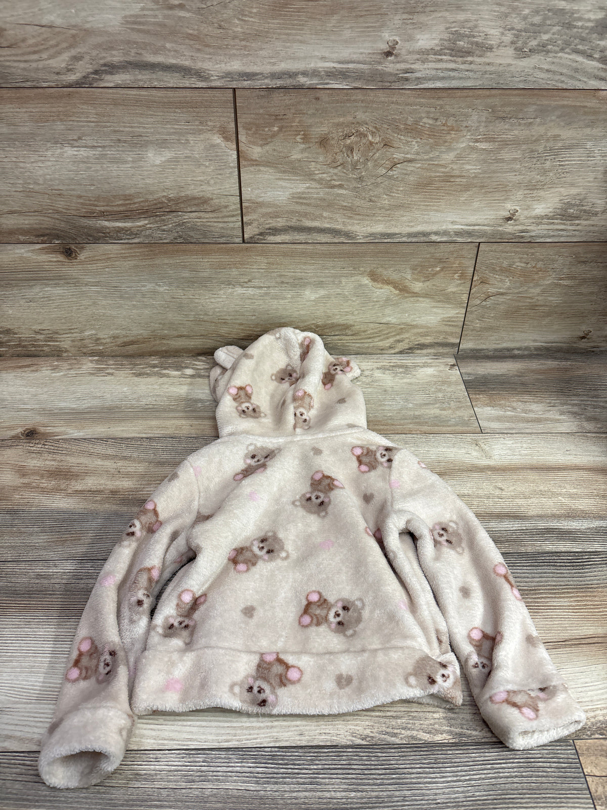 Emma & Elsa Bear Print Plush Full-Zip Jacket Beige sz 3T