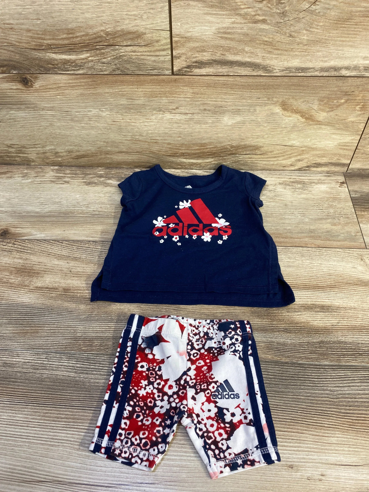 Adidas 2pc Floral Logo Shirt & Shorts Navy sz 3m