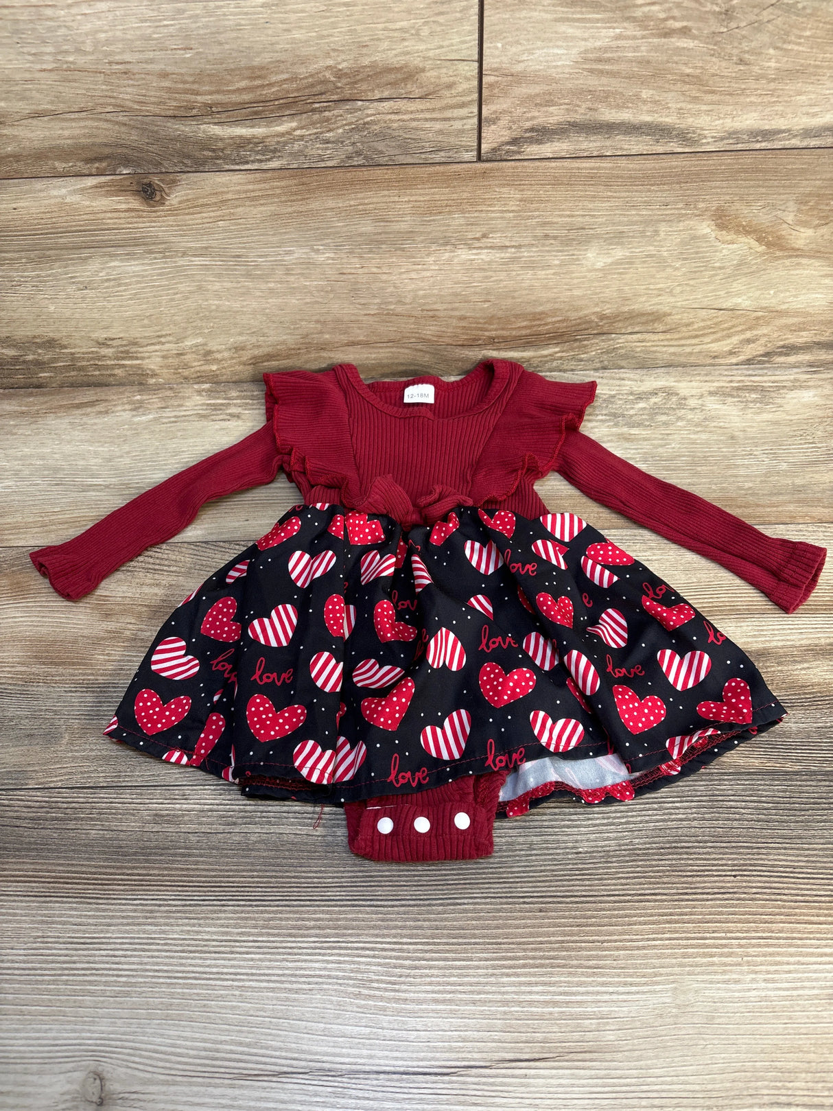 Ribbed Heart Print Bodysuit Dress Burgundy sz 12-18m