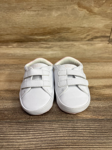 Front view of Polo Ralph Lauren Heritage Court II Ez crib sneakers showcasing white double straps on a wood floor