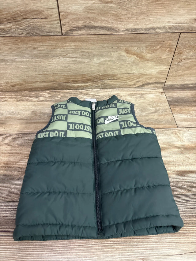 Green Nike puffer vest for toddlers with Just Do It print pattern