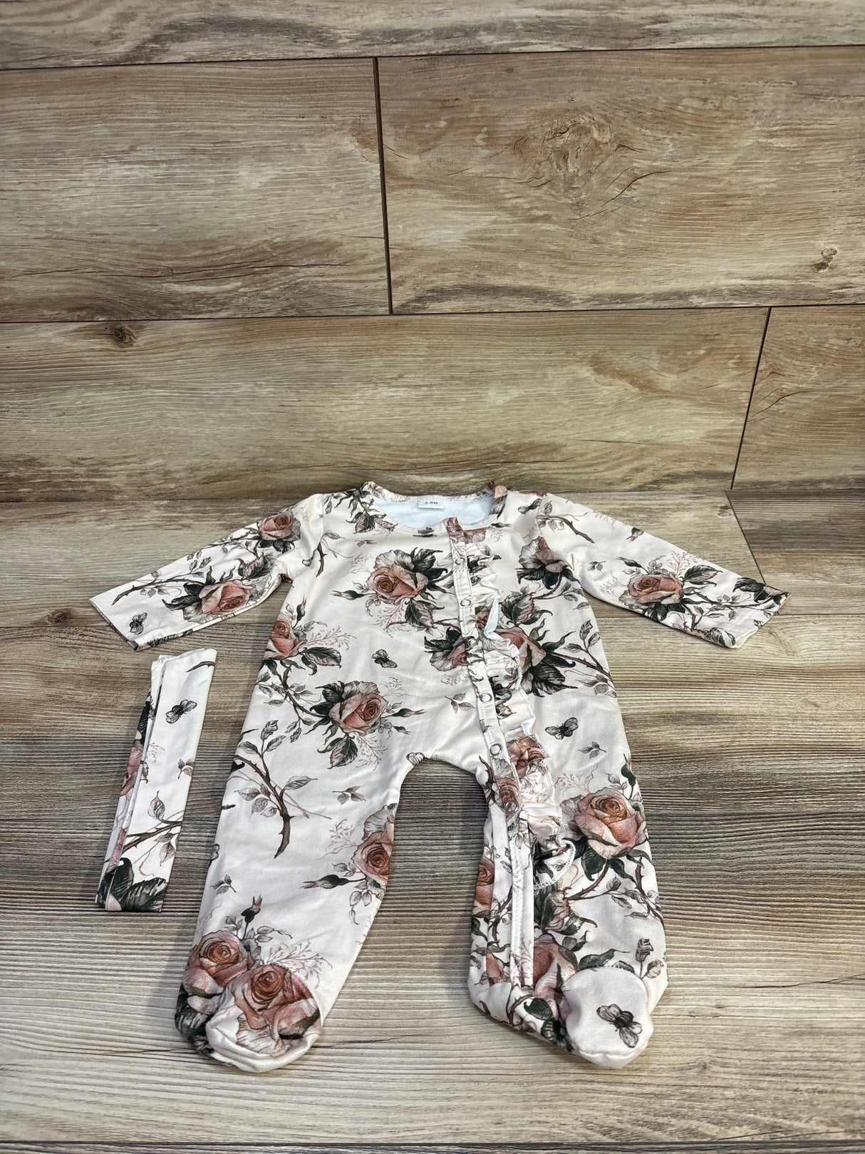 Floral 2pc Snap Ruffle Sleeper & Headband Beige sz 3-6m