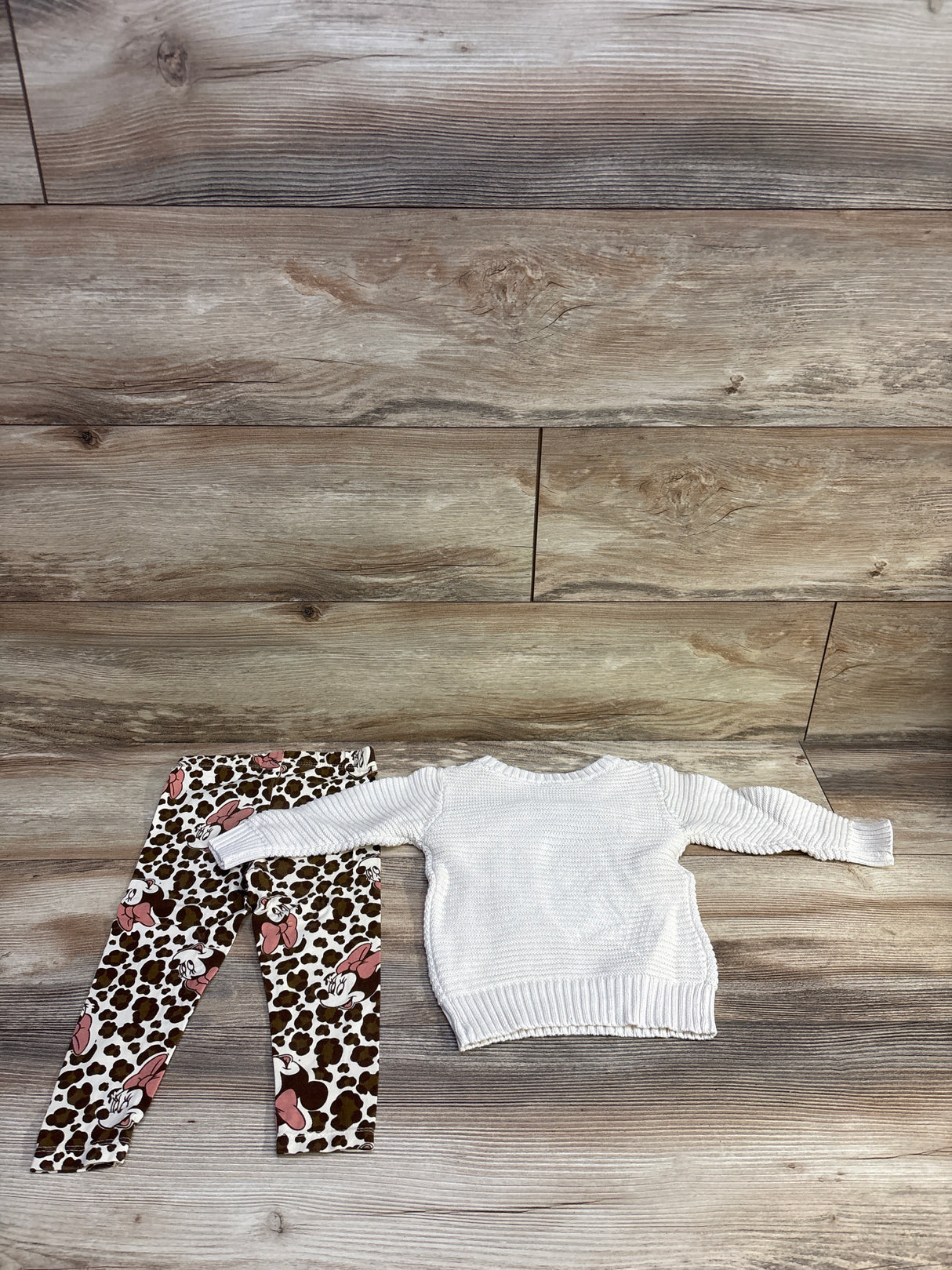 NEW Disney Baby 2pc Minnie Mouse Knit Sweater & Leopard Pants Beige sz 12m